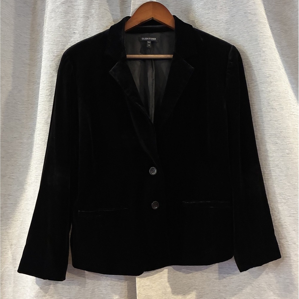 Eileen Fisher Jacket Womens Medium Black Velvet Silk Blend Notch Collar Blazer